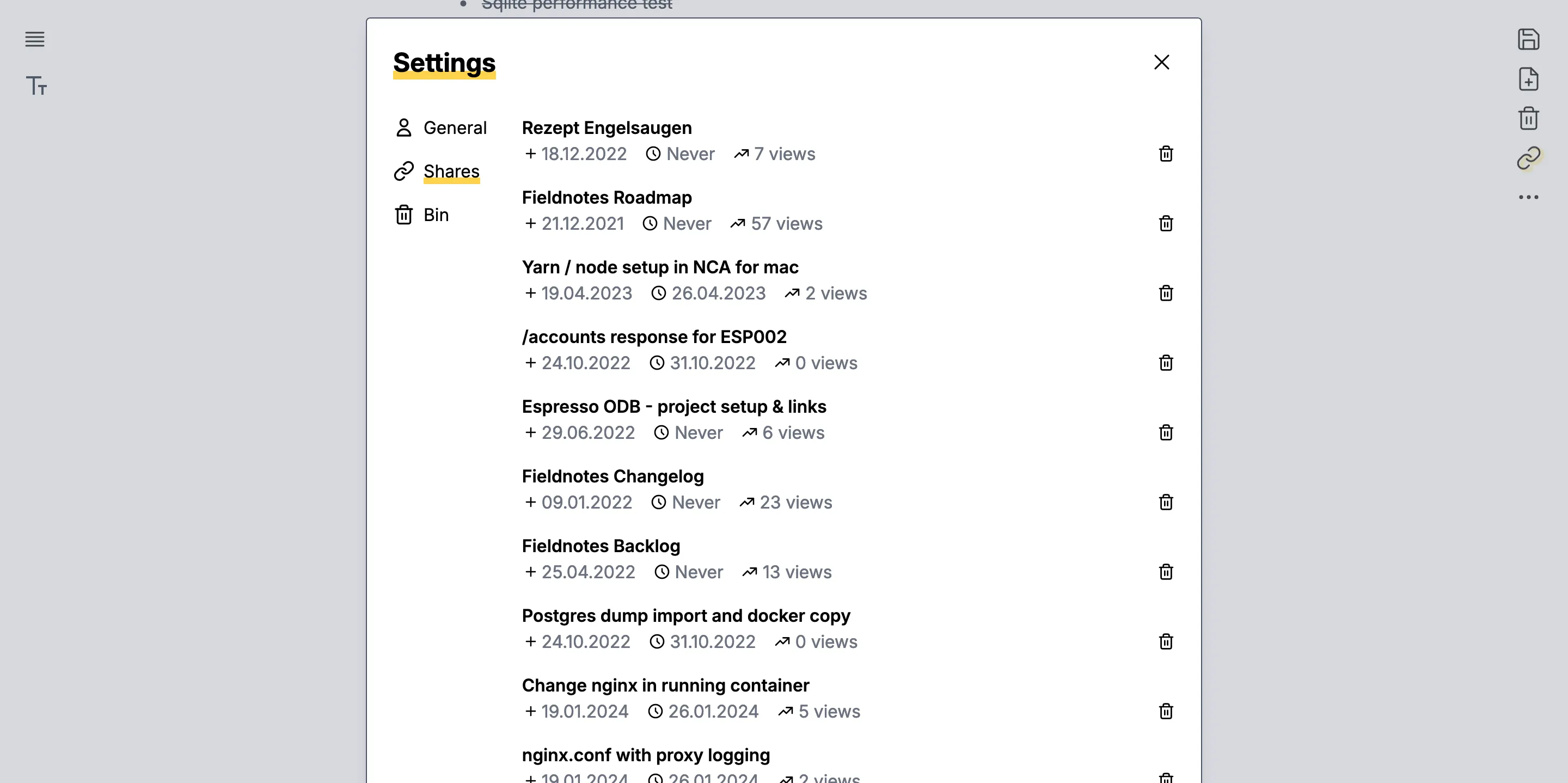 Settings page